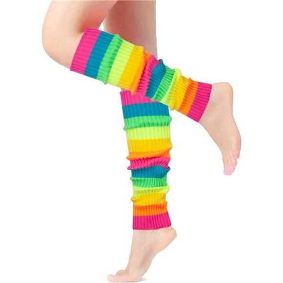 Neon 80s Workout Set Leg Warmers Headband Wristbands Dance Costume Outfit - Picture 5 of 7